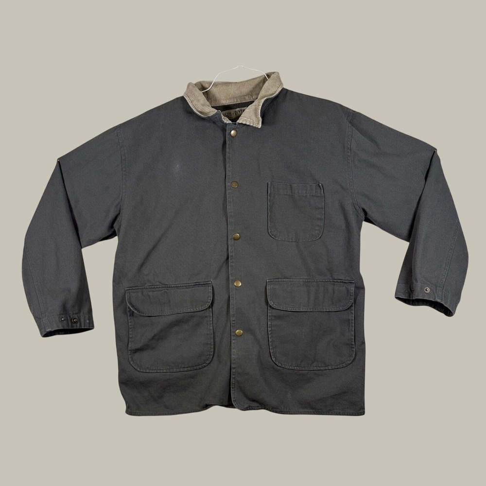 Sun River Mens L Gray Canvas Barn Jacket Corduroy Collar Plaid Lined Chore Coat